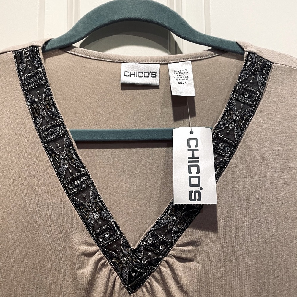 NWT Chico’s sz 1 beaded long sleeved top in khaki